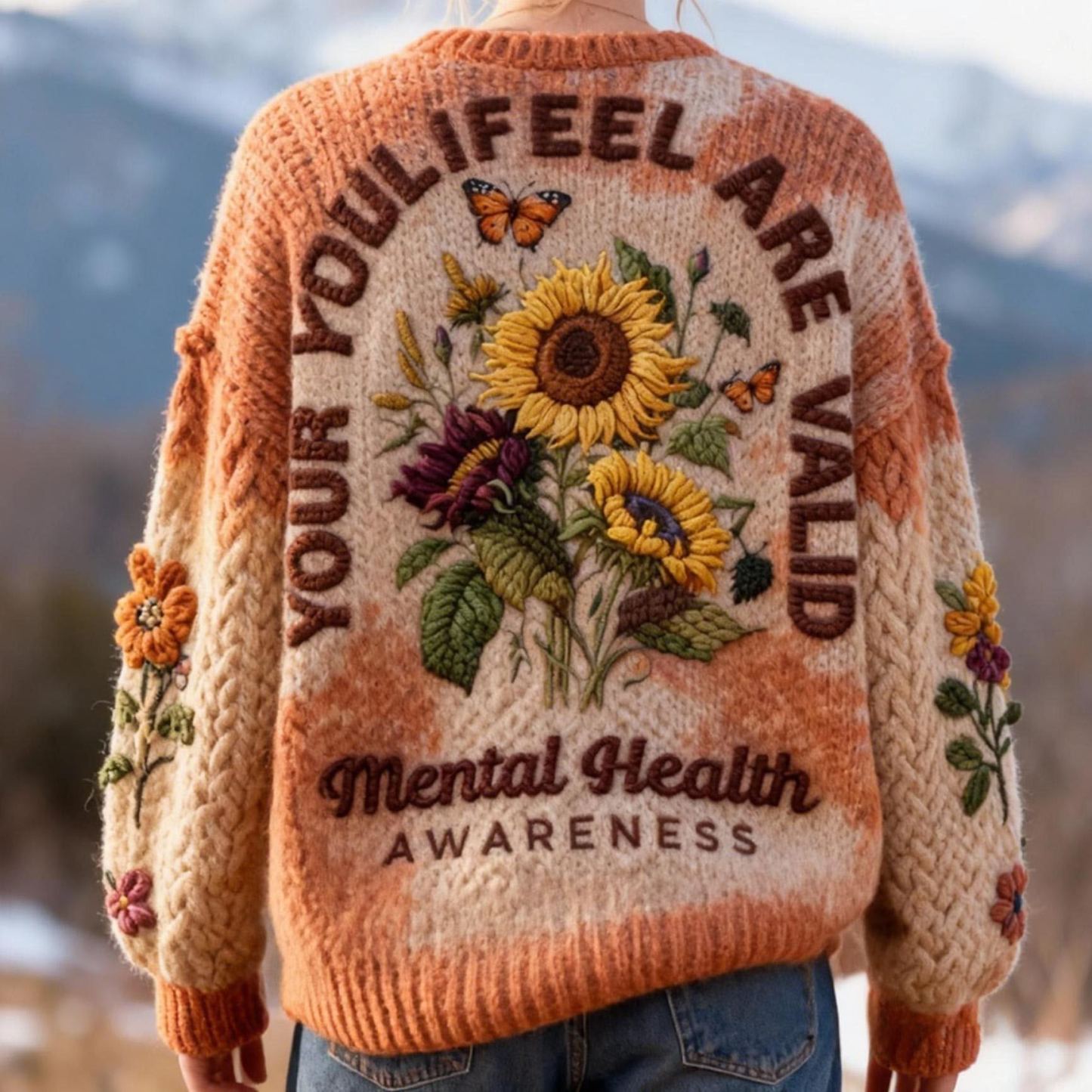 "Your Feelings Are Valid" Mental Health Quote Sunflower Embroidery Tie-dye Knit Sweater Oversized Cozy Soft Pullover