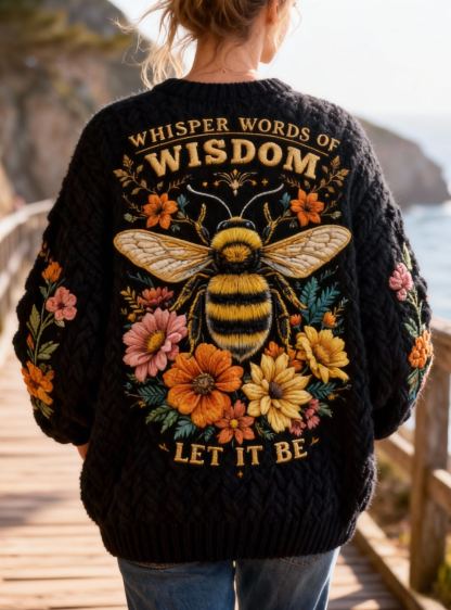  "Whisper Words of Wisdom Let It Be" Bee & Floral Embroidery Knit Sweater Oversized Cozy Soft Pullover