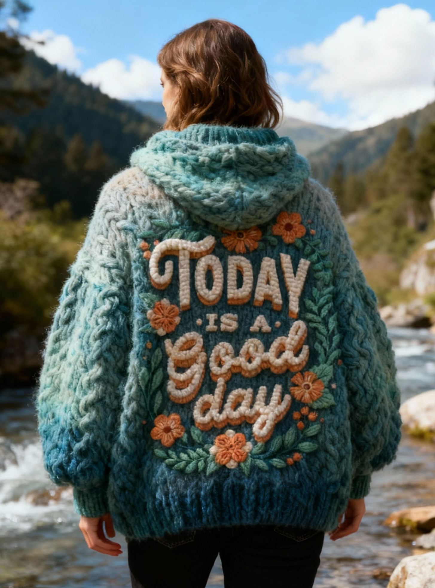 "Today Is A Good Day" Floral Embroidery Teal & Blue Ombre Knit Cardigan 