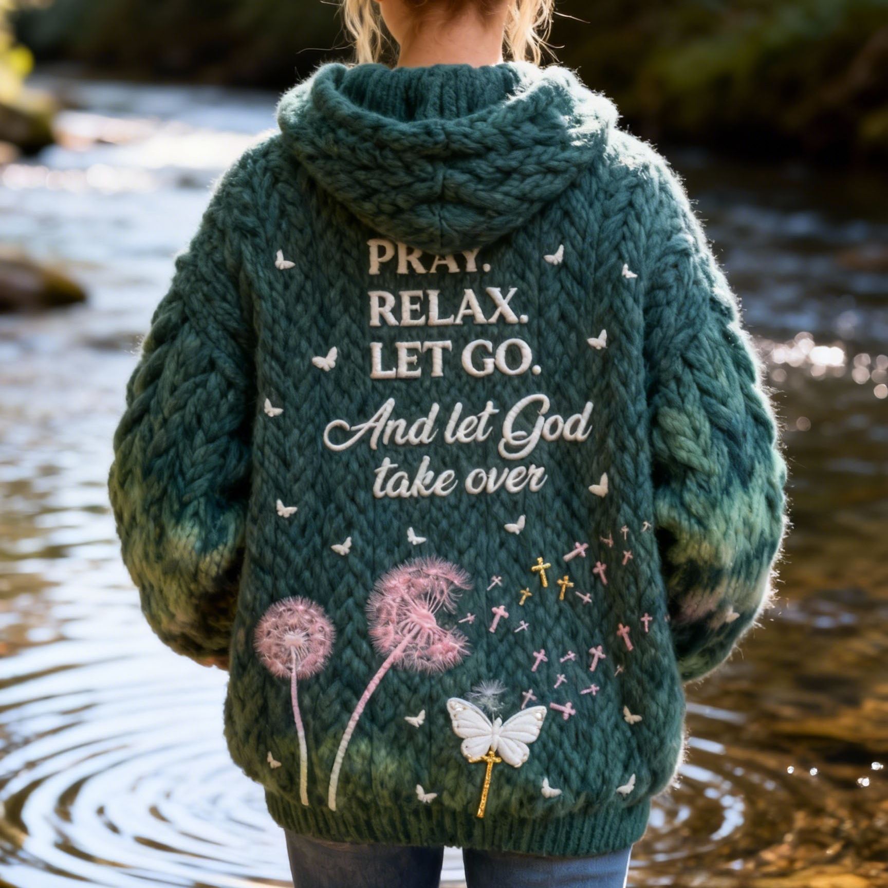 "Pray Relax Let Go And Let God Take Over" Quote Christian Dandelion Embroidery Tie-dye Knit Hooded Sweater