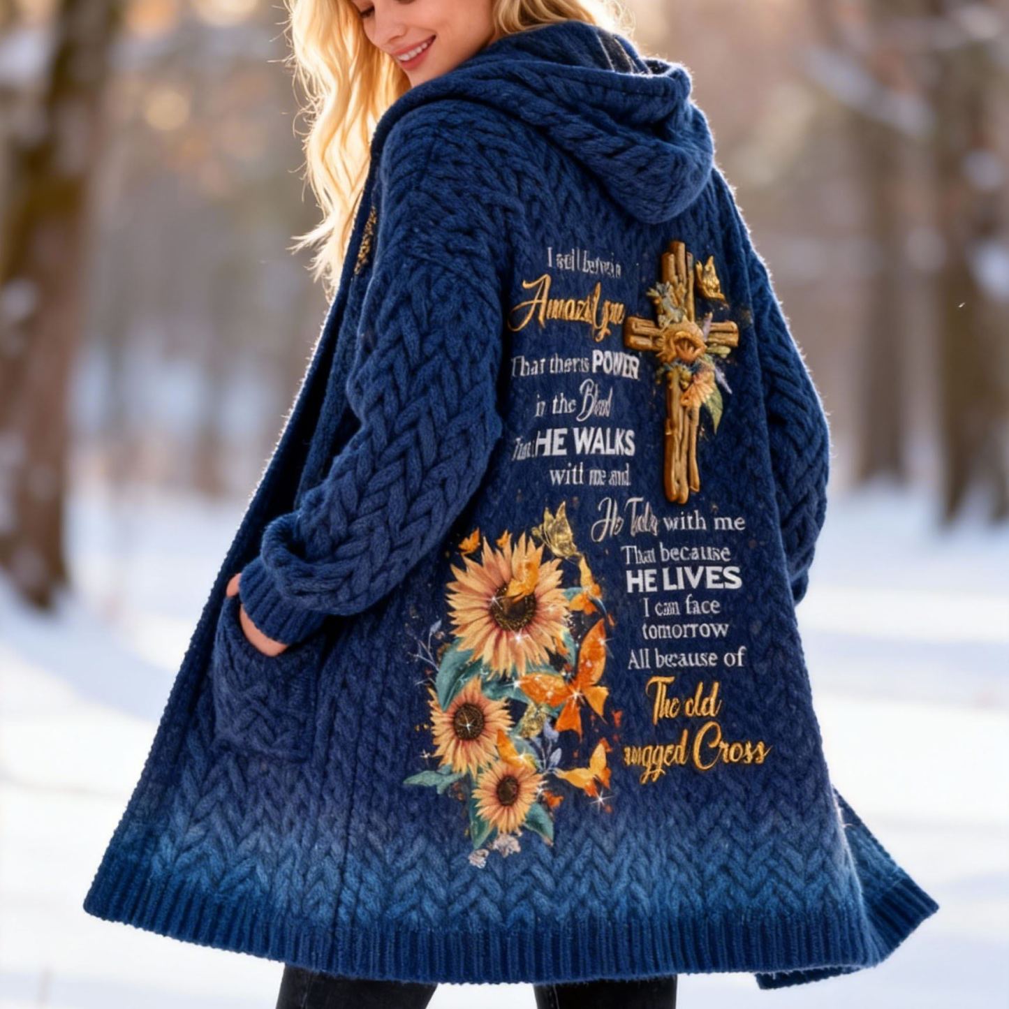  "Amazing Grace" Christian Sunflower & Cross Embroidery Navy Ombre Chunky Knit Hooded Cardigan Soft Long Coat 