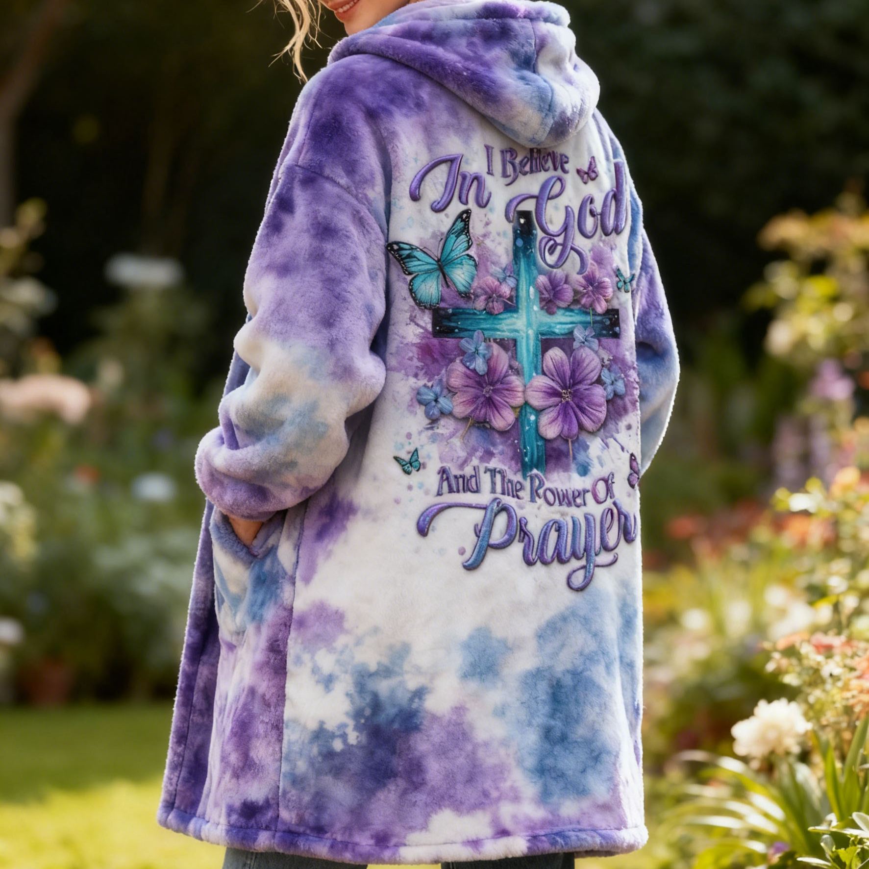 Cross & Butterfly Embroidery "I Believe In God And The Power Of Prayer" Quote Flannel Hooded Long Coat Tie-Dye Fleece Jacket 