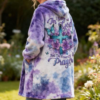 Cross & Butterfly Embroidery "I Believe In God And The Power Of Prayer" Quote Flannel Hooded Long Coat Tie-Dye Fleece Jacket 