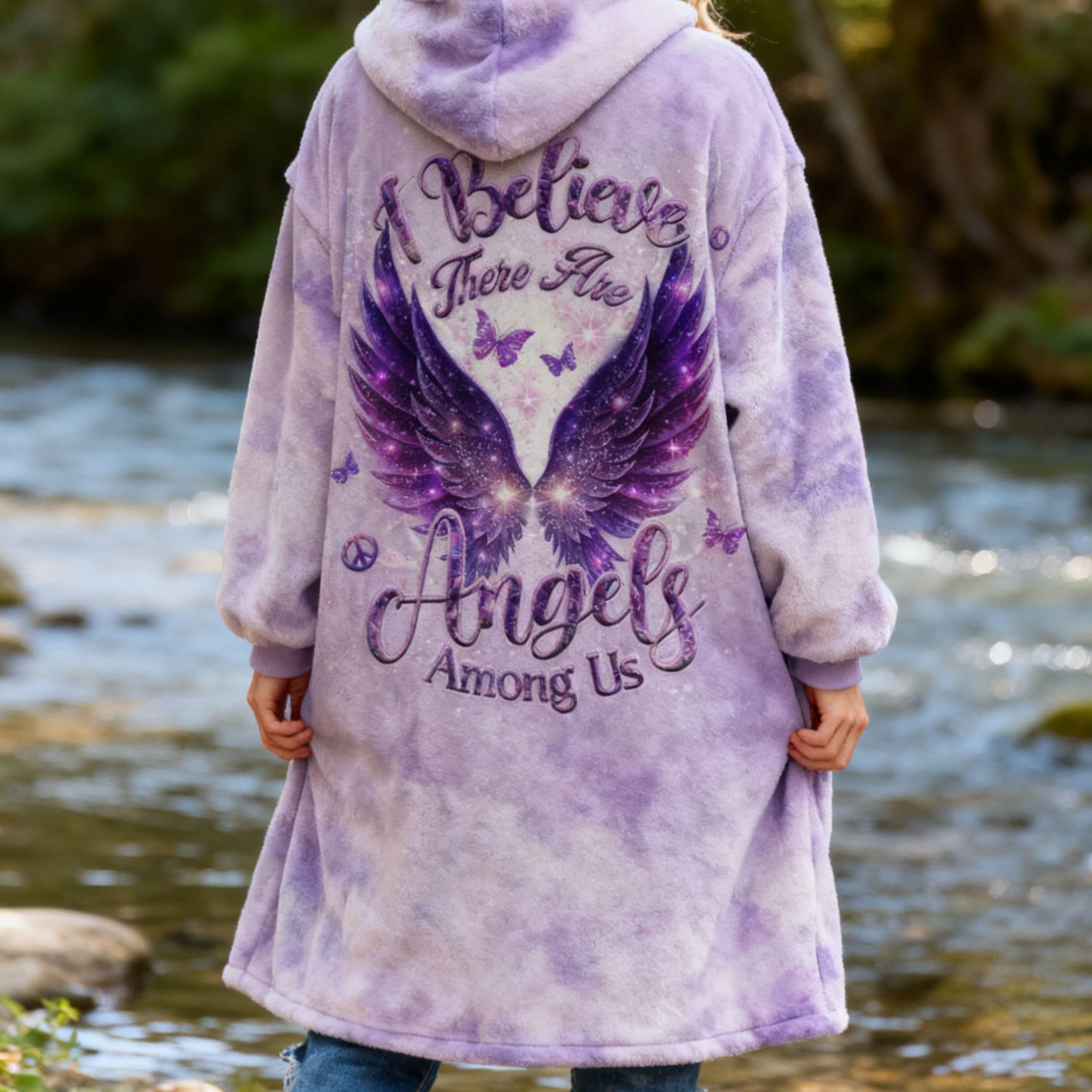Angel Wings Embroidery "I Believe There Are Angels Among Us" Quote Tie-Dye Flannel Hooded Long Coat Tie-Dye Fleece Jacket 