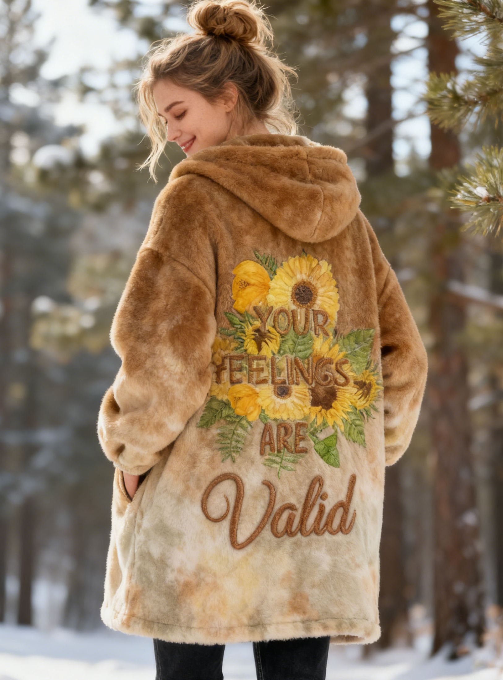 "Your Feelings Are Valid" Mental Health Quote Sunflower Embroidery Tie-Dye Flannel Hooded Long Coat Tie-Dye Fleece Jacket 