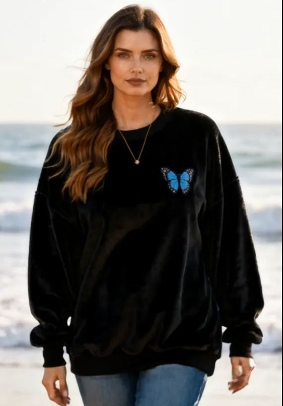 "Just A Girl Who Loves Butterflies" Fleece Oversized Sweatshirt with Blue Butterfly Print Flannel Affirmations Mental Health Awareness Pullover