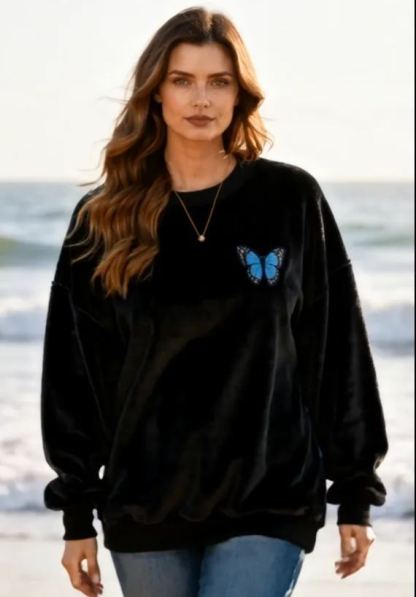 "Just A Girl Who Loves Butterflies" Fleece Oversized Sweatshirt with Blue Butterfly Print Flannel Affirmations Mental Health Awareness Pullover