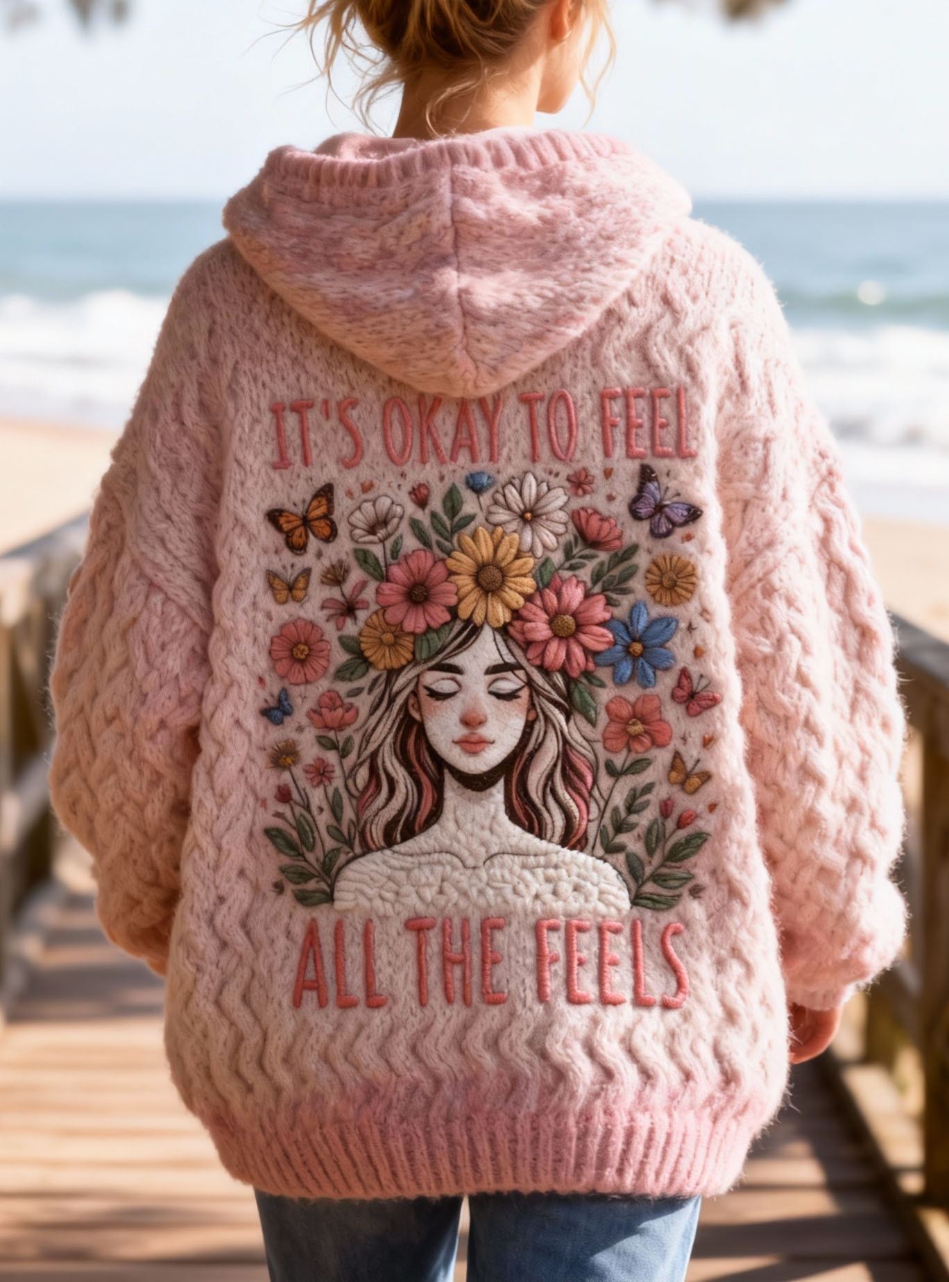 "It's Okay To Feel All The Feels" Lettering Hoodie Sweater with Floral Girl Embroidery Oversized Cozy Soft Pullover