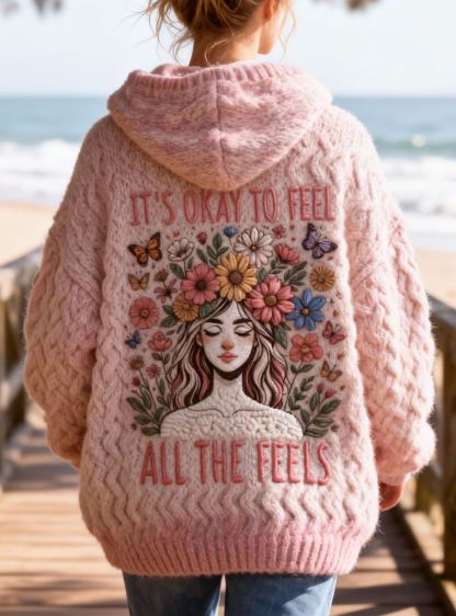 "It's Okay To Feel All The Feels" Lettering Hoodie Sweater with Floral Girl Embroidery Oversized Cozy Soft Pullover
