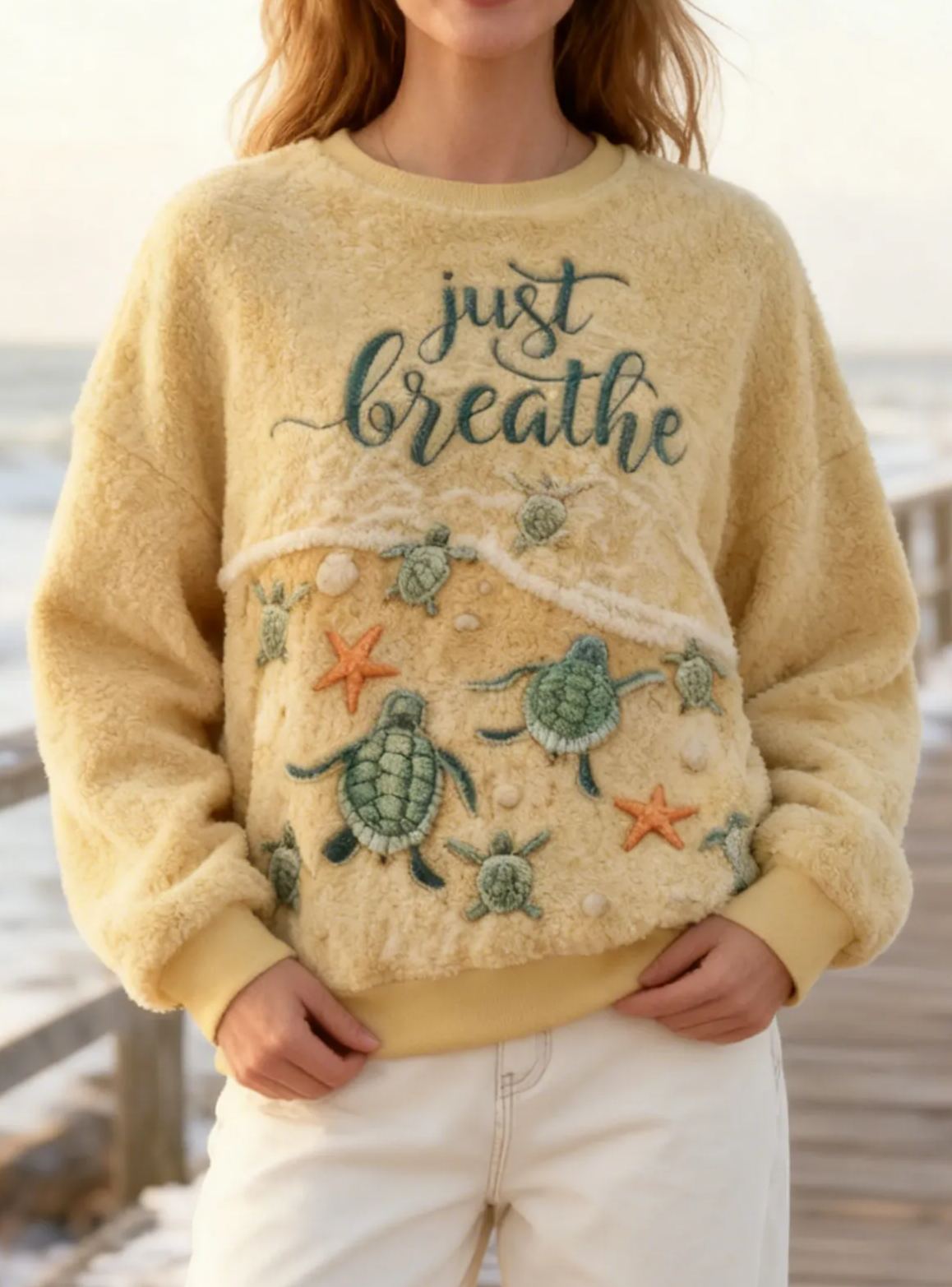 "Just Breathe" Lettering with Turtle & Starfish Embroidery Beachy Fleece Sweatshirt Flannel Oversized Cozy Soft Pullover