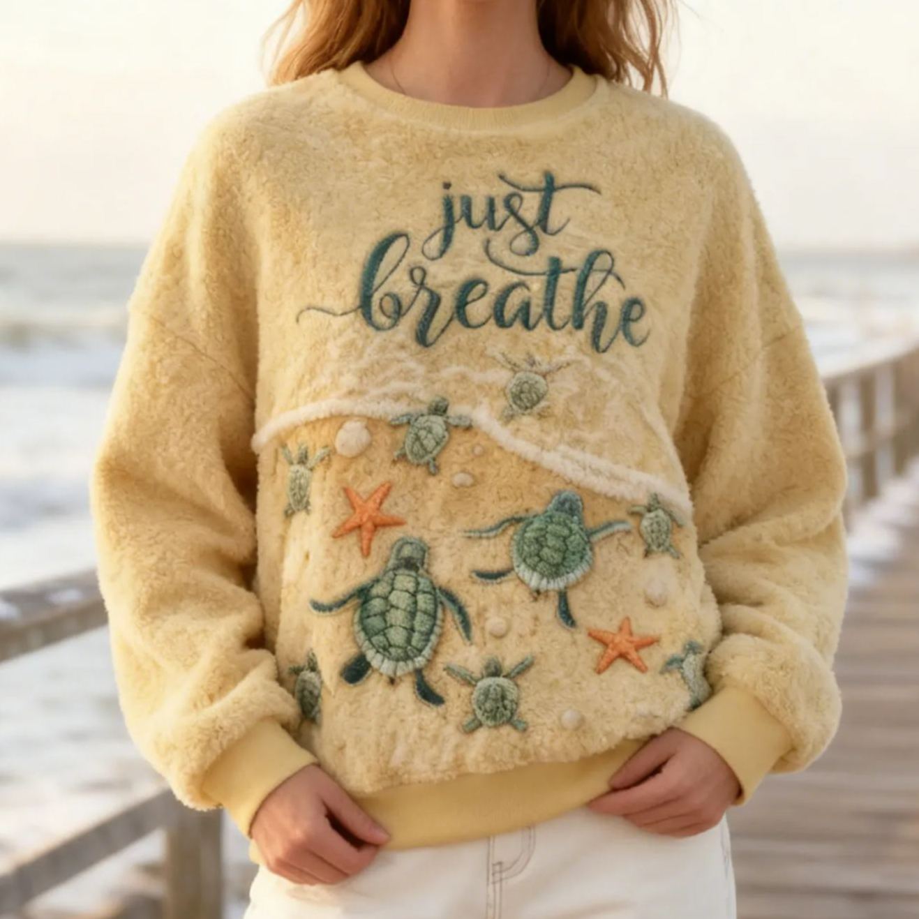 "Just Breathe" Lettering with Turtle & Starfish Embroidery Beachy Fleece Sweatshirt Flannel Oversized Cozy Soft Pullover