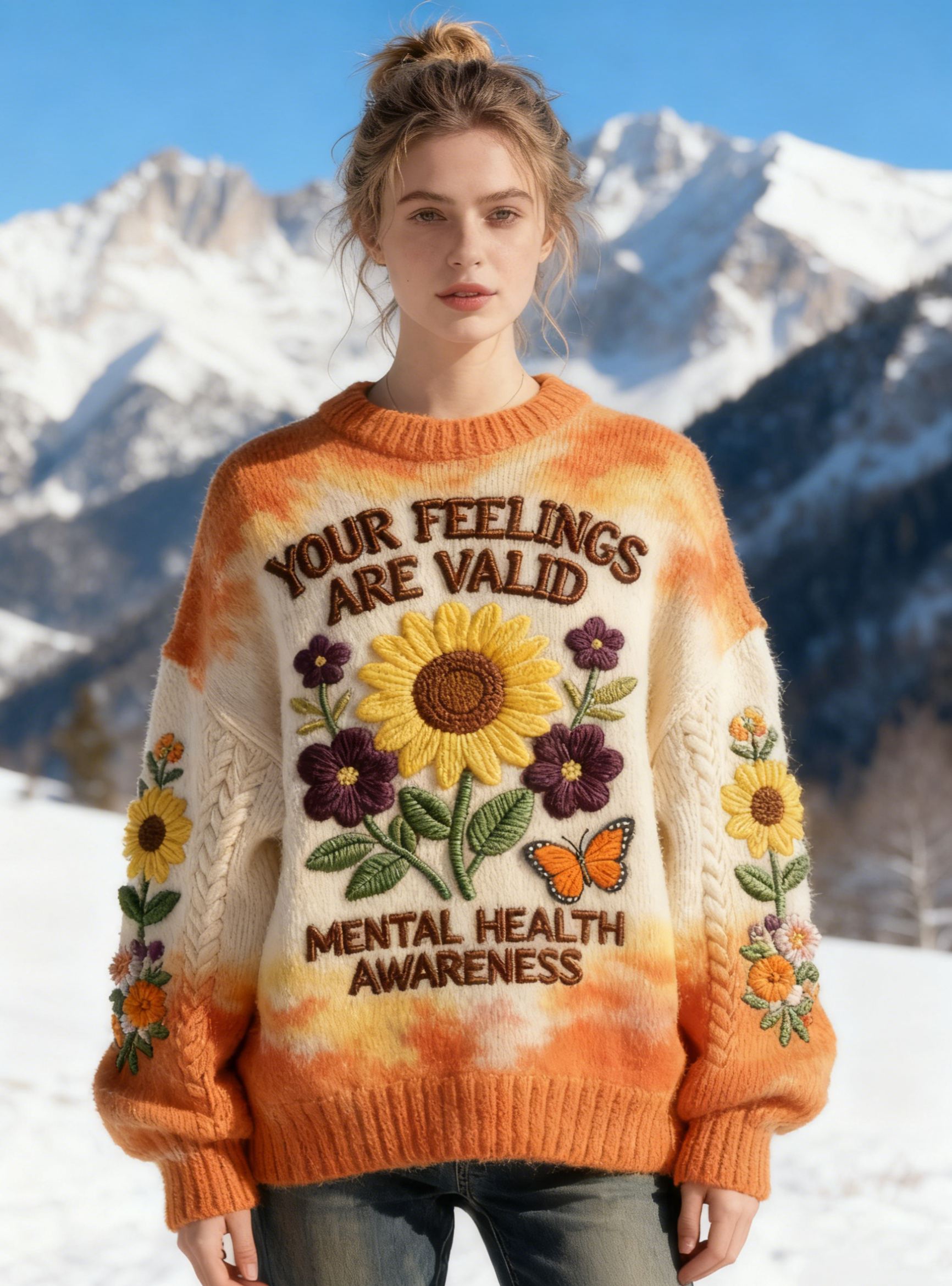 "Your Feelings Are Valid" Mental Health Quote Sunflower Butterfly Embroidery Tie-dye Knit Sweater