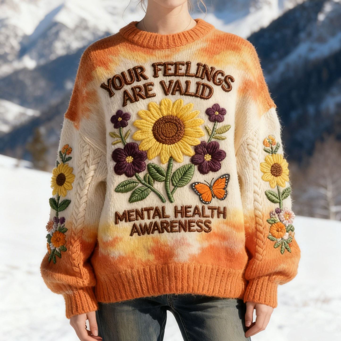 "Your Feelings Are Valid" Mental Health Quote Sunflower Butterfly Embroidery Tie-dye Knit Sweater