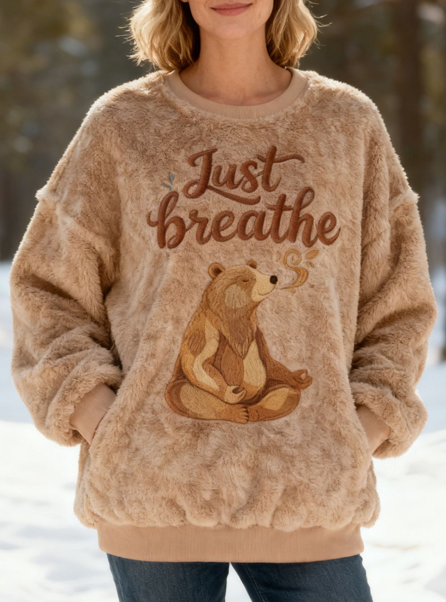 "Just Breathe" Lettering Beige Flannel Sweatshirt with Meditating Bear Embroidery Soft Fleece Oversized Pullover