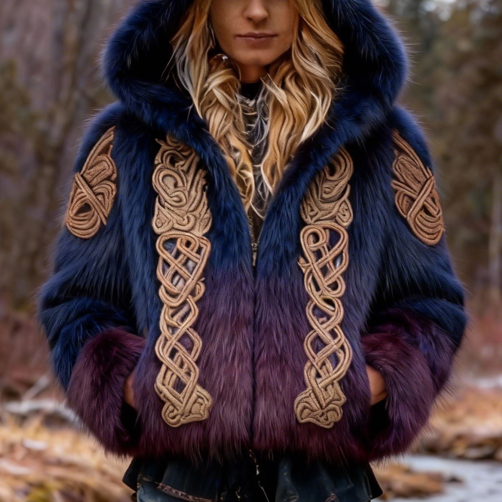 Women's Vintage Viking Celtic Knot Gradient Cozy Warm Zip-up Hoodie Sweatshirt Jacket 