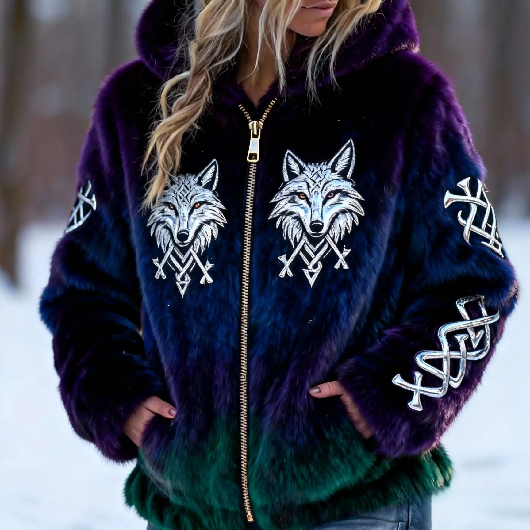 Women's Vintage Silver Wolf & Viking Embroidered Ombre Faux Fur Hooded Jacket
