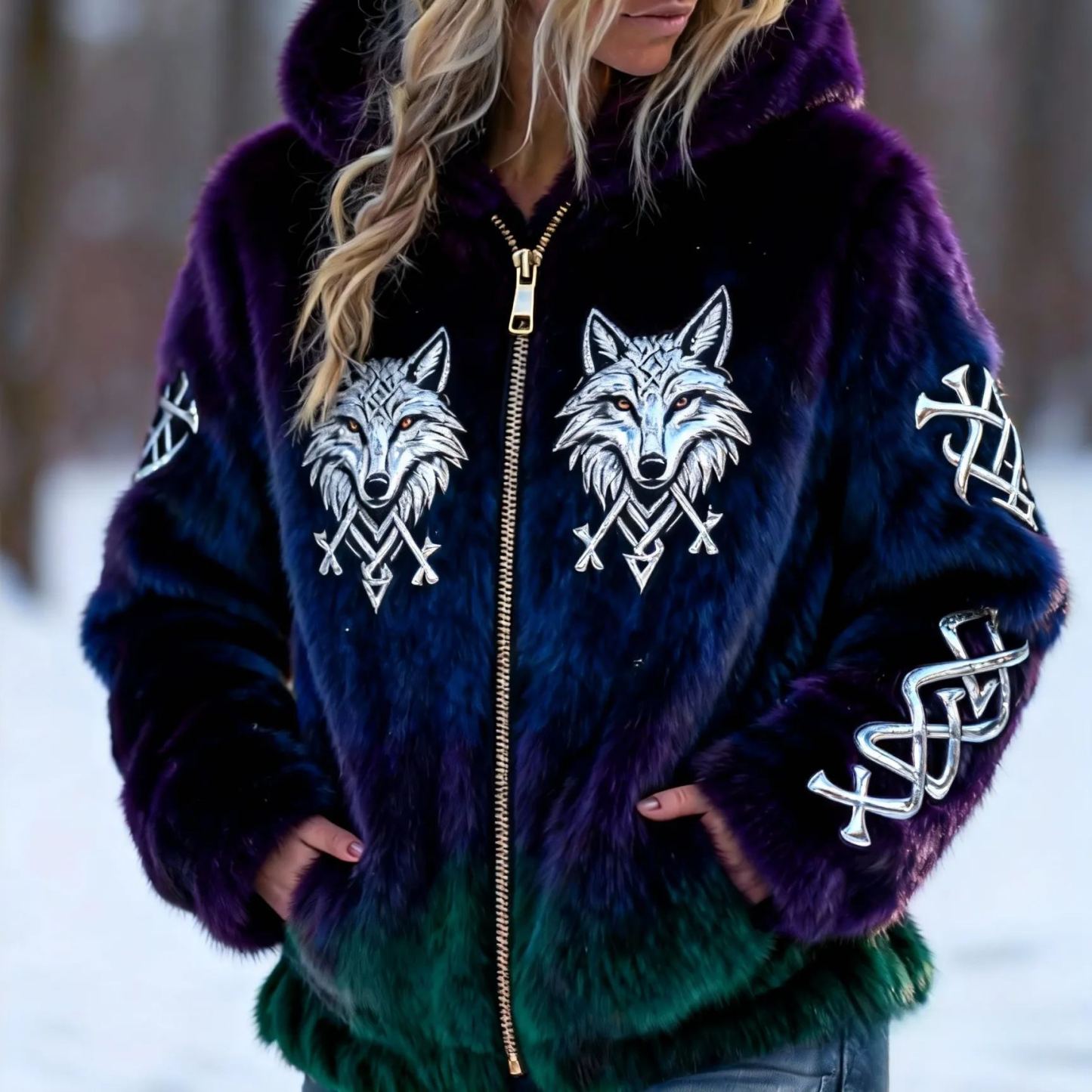 Women's Vintage Silver Wolf & Viking Embroidered Ombre Faux Fur Hooded Jacket