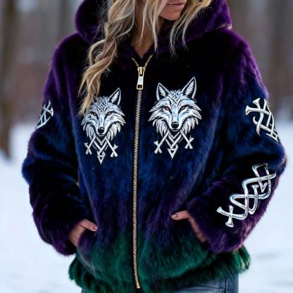 Women's Vintage Silver Wolf & Viking Embroidered Ombre Faux Fur Hooded Jacket