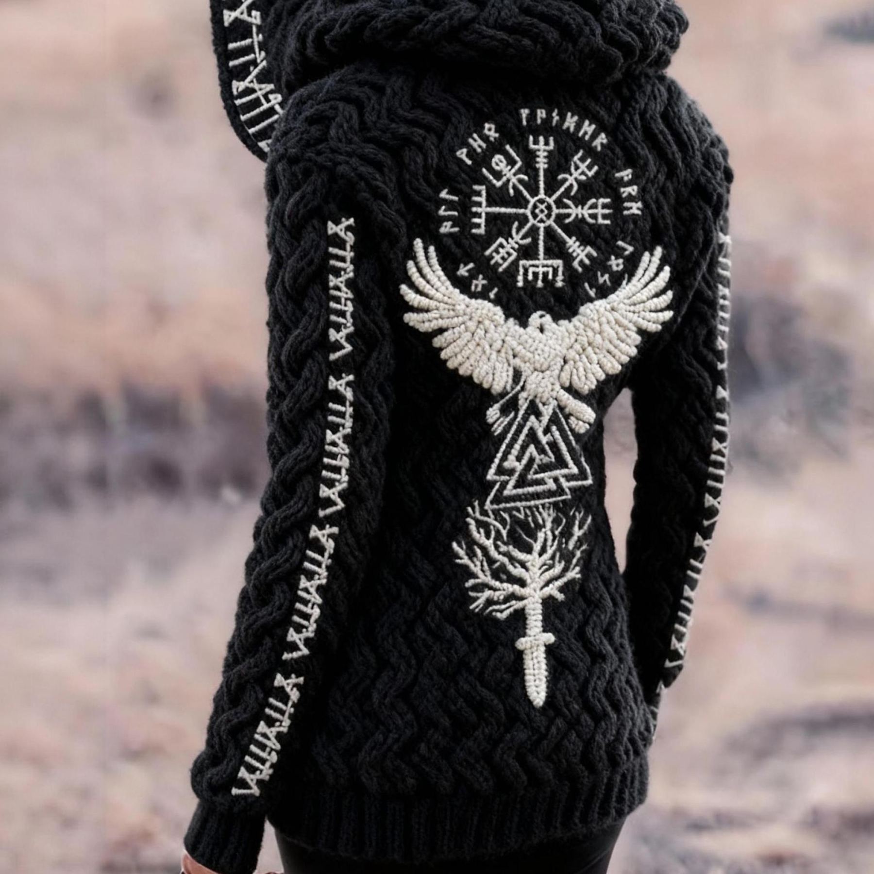 Women's Viking Runes Yggdrasil Tree & Eagle Embroidered Black Chunky Knit Hooded Cardigan