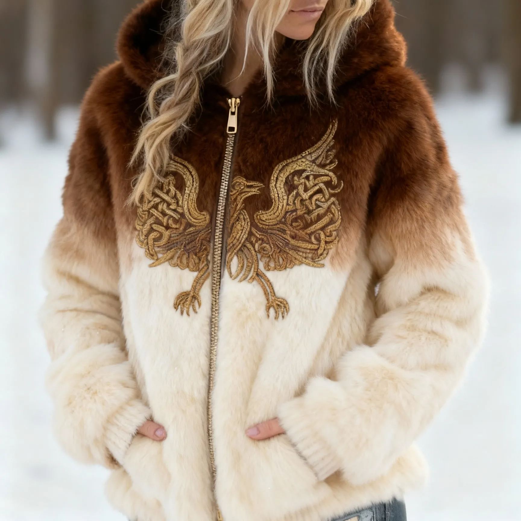 Women's Golden Phoenix Viking Knotwork Embroidered Ombre Faux Fur Hooded Coat