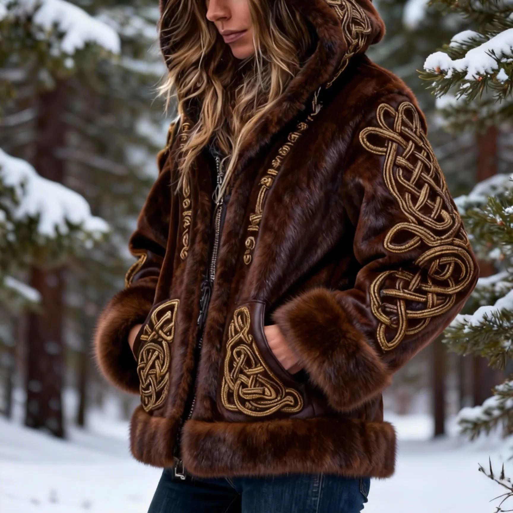 Women's Golden Viking Celtic Knot Embroidered Faux Fur Hooded Jacket