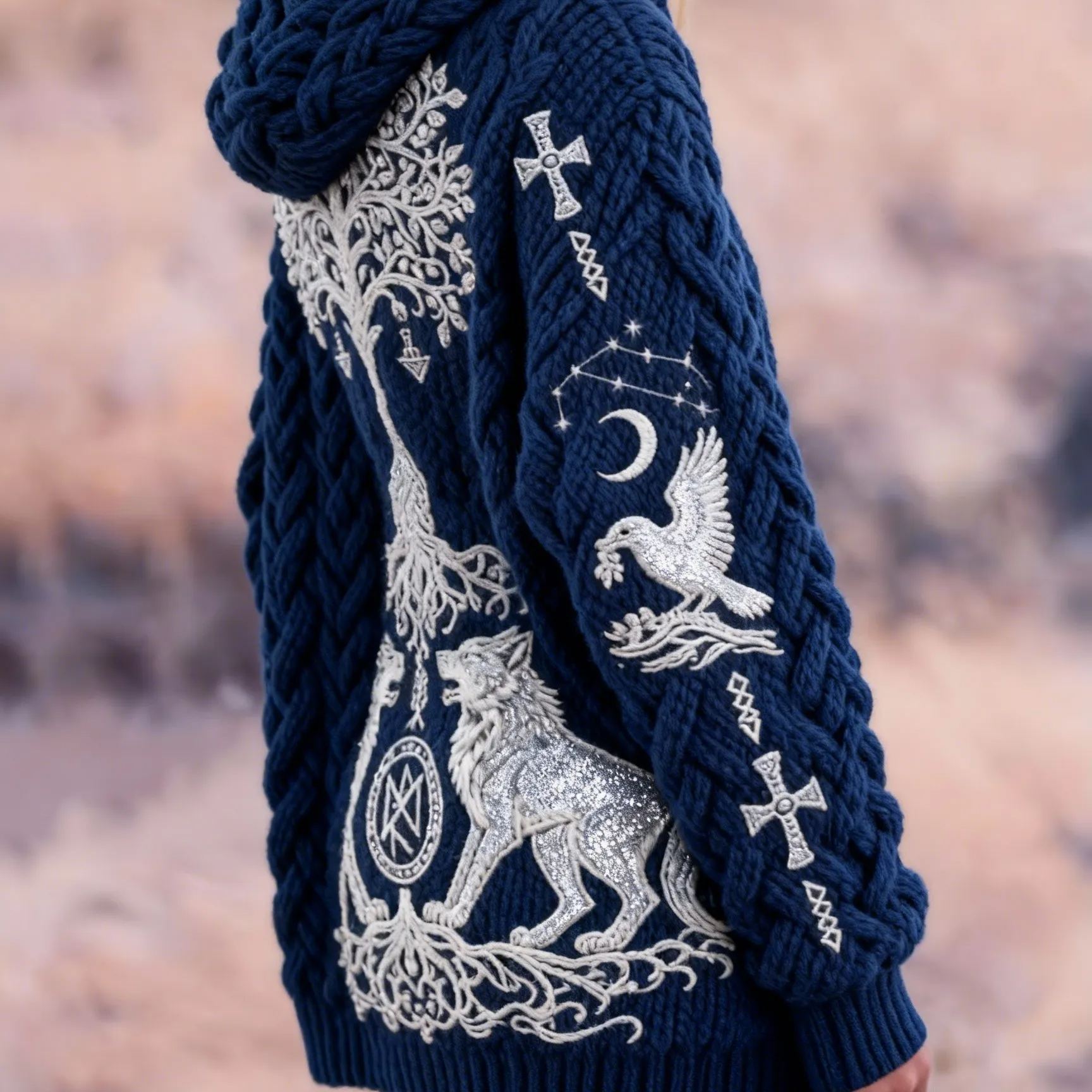 Women's Yggdrasil Tree Wolf & Eagle Embroidered Chunky Knit Hooded Cardigan