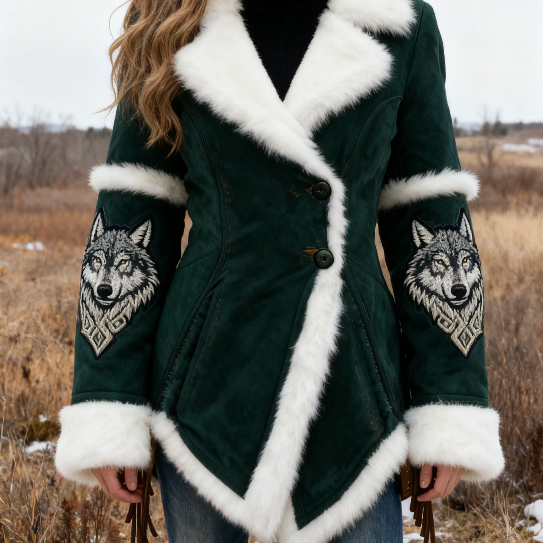 Women's Wolf Embroidered Viking Dark Green Suede Coat with Faux Fur Trim