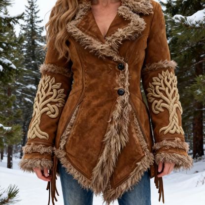 Women's Yggdrasil Tree Embroidered Suede Coat with Faux Fur Trim