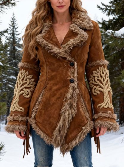 Women's Yggdrasil Tree Embroidered Suede Coat with Faux Fur Trim