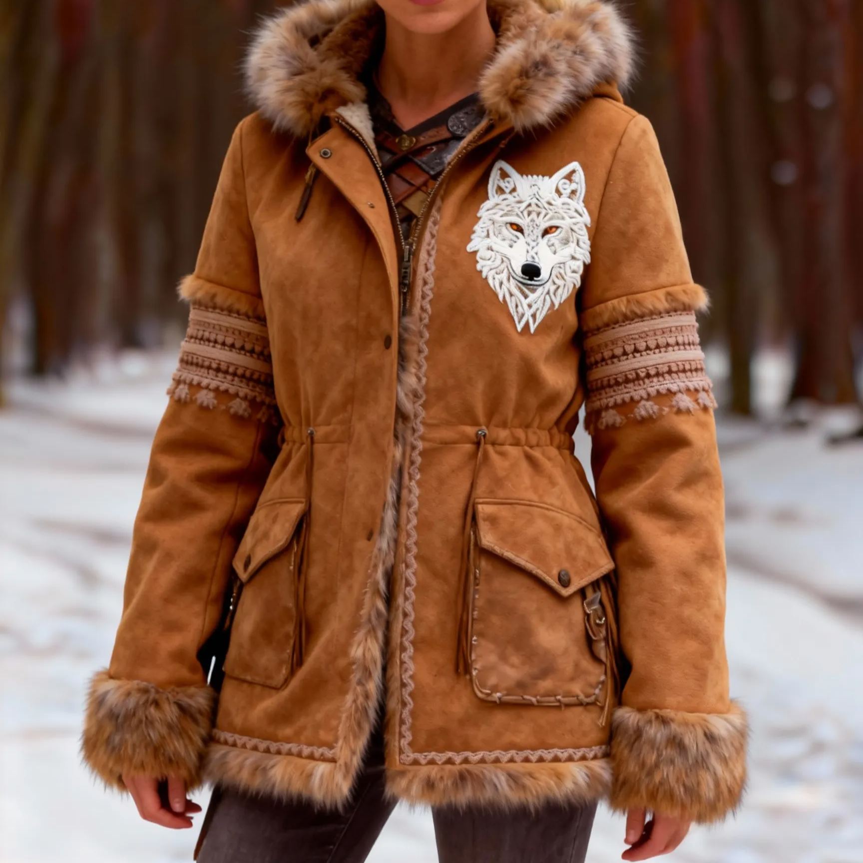 Women's Viking Wolf Embroidered Suede Hooded Coat with Faux Fur Trim & Bohemian Detailing