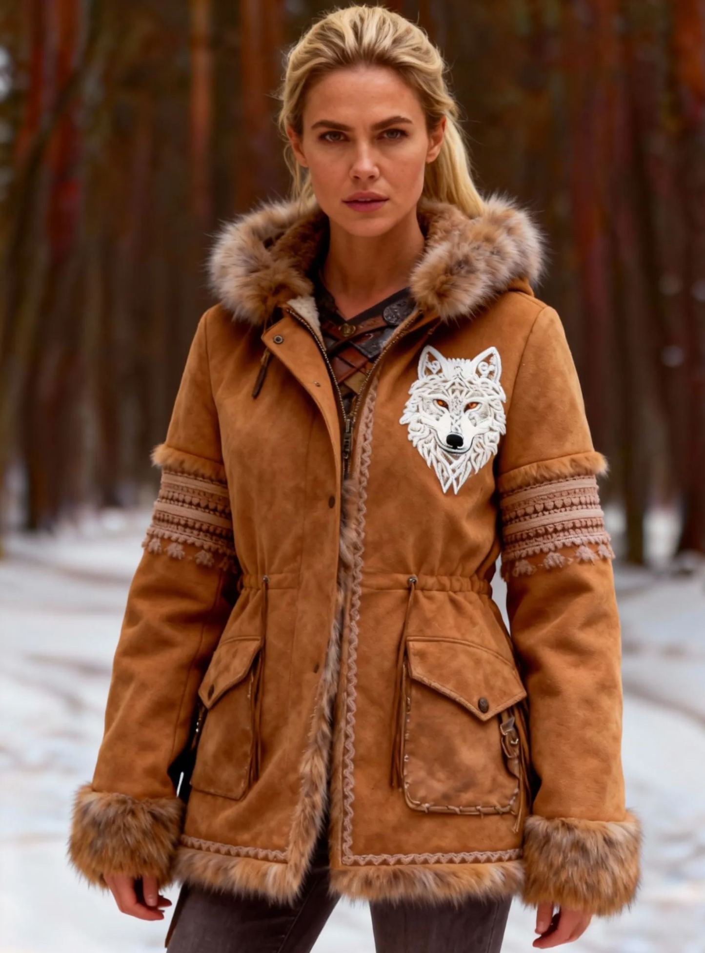 Women's Viking Wolf Embroidered Suede Hooded Coat with Faux Fur Trim & Bohemian Detailing