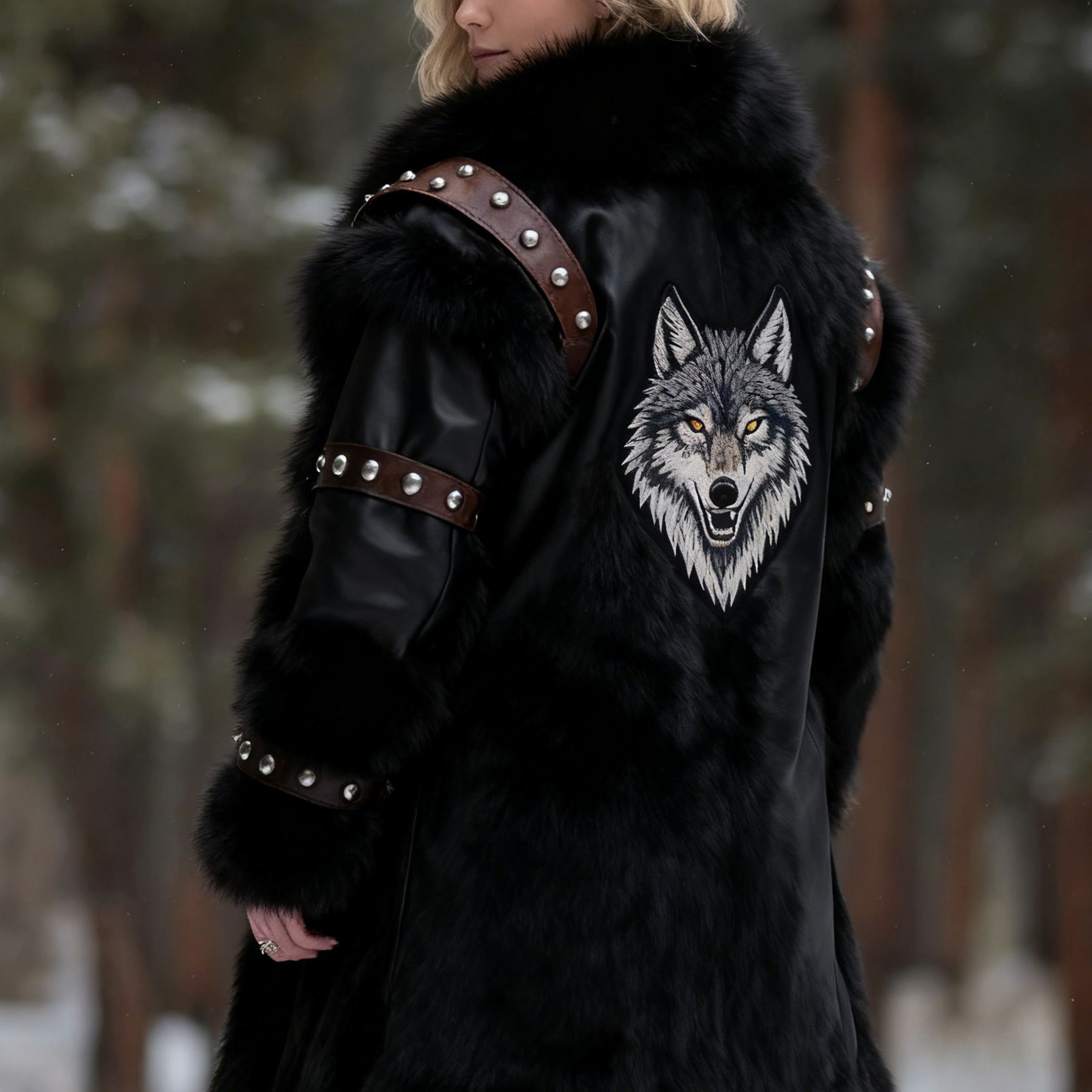 Women's Viking Wolf Embroidered Black Leather & Faux Fur Coat with Studded Accents