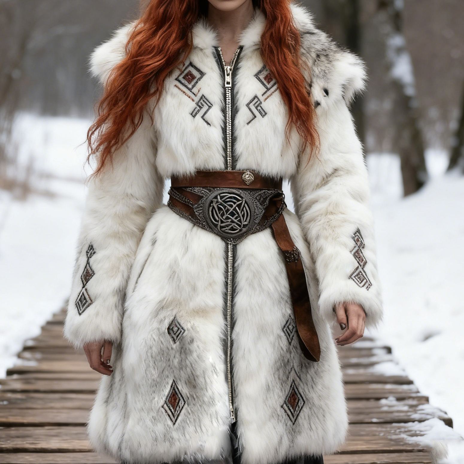 Women's Viking Geometric Embroidered Faux Fur Hooded Coat with Ornate Leather Waistband Belt