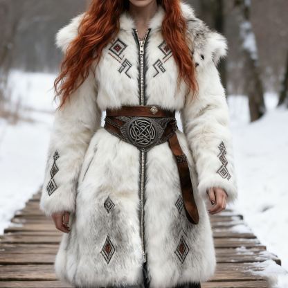 Women's Viking Geometric Embroidered Faux Fur Hooded Coat with Ornate Leather Waistband Belt