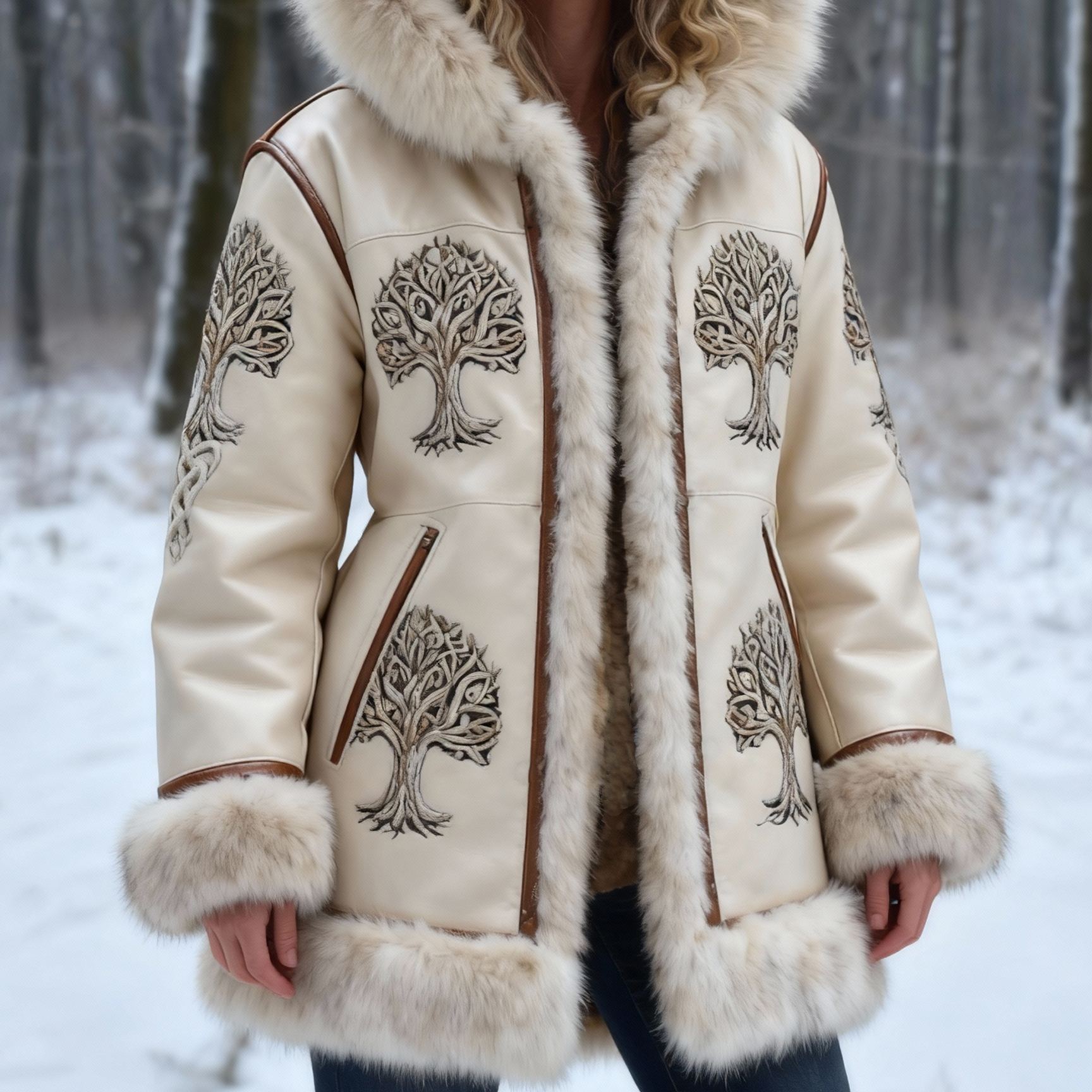 Women's Yggdrasil Tree Embroidered Leather Hooded Jacket with Faux Fur Trim