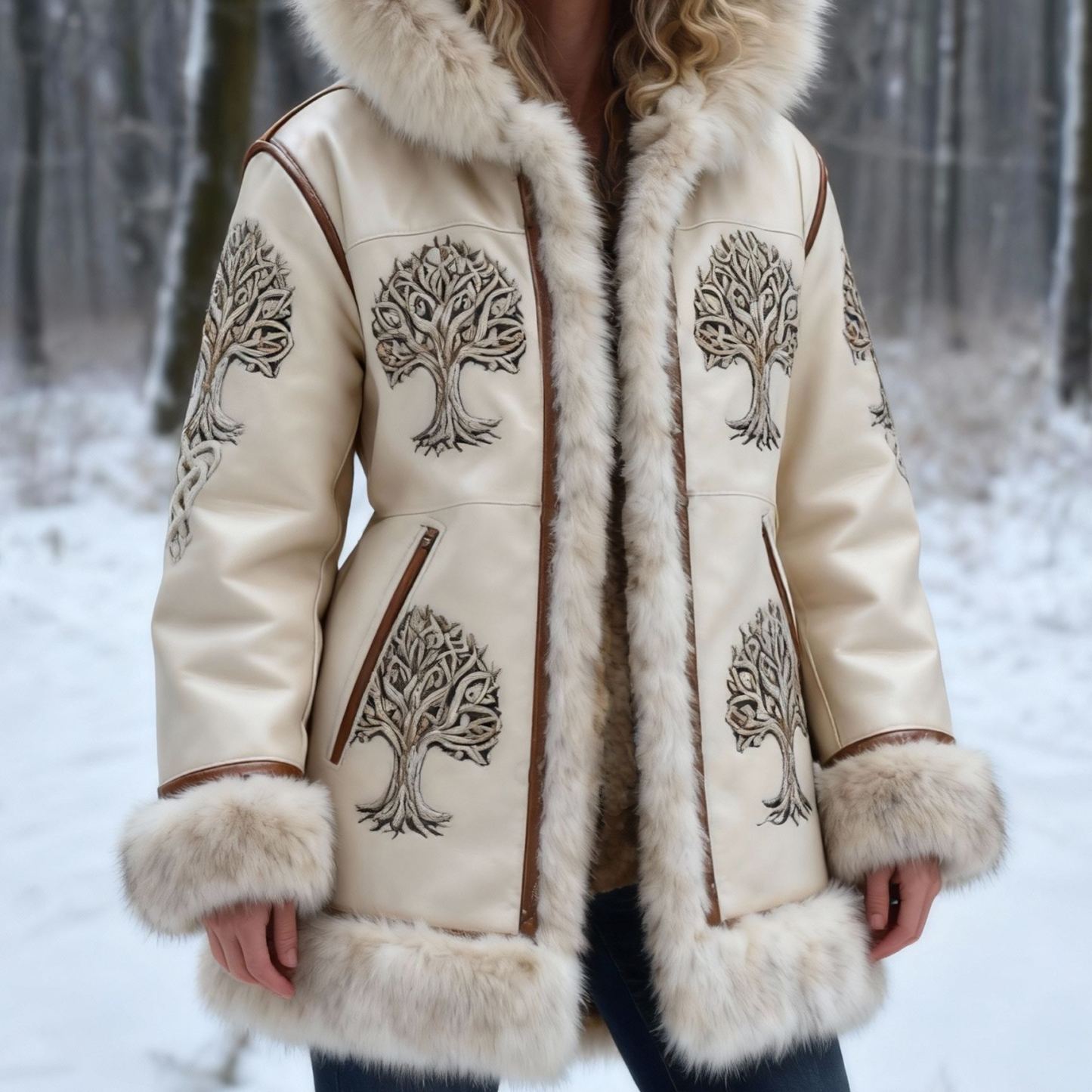 Women's Yggdrasil Tree Embroidered Leather Hooded Jacket with Faux Fur Trim