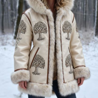 Women's Yggdrasil Tree Embroidered Leather Hooded Jacket with Faux Fur Trim