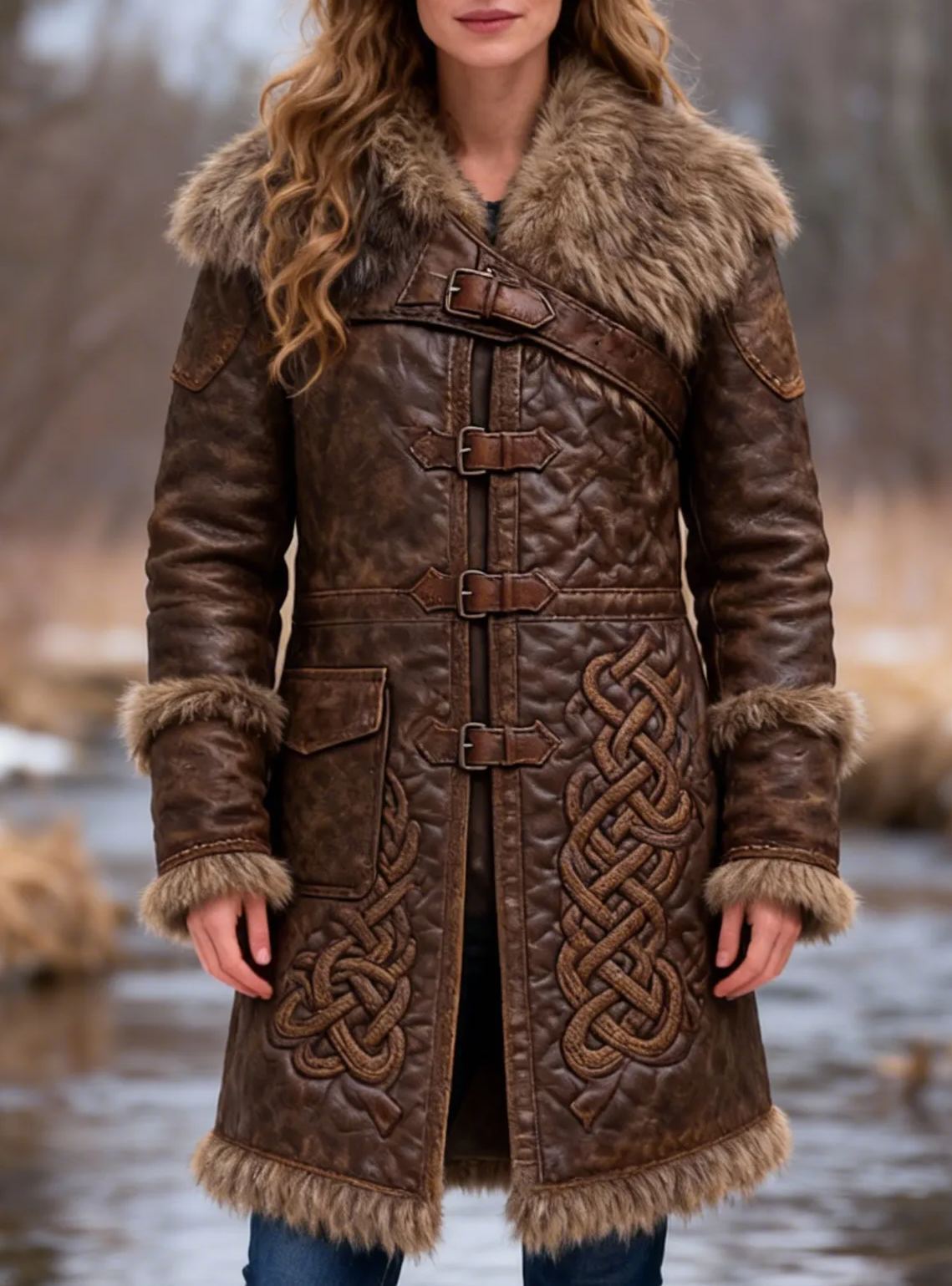 Women's Viking Celtic Knot Vintage Distressed Leather Coat with Faux Fur Trim 