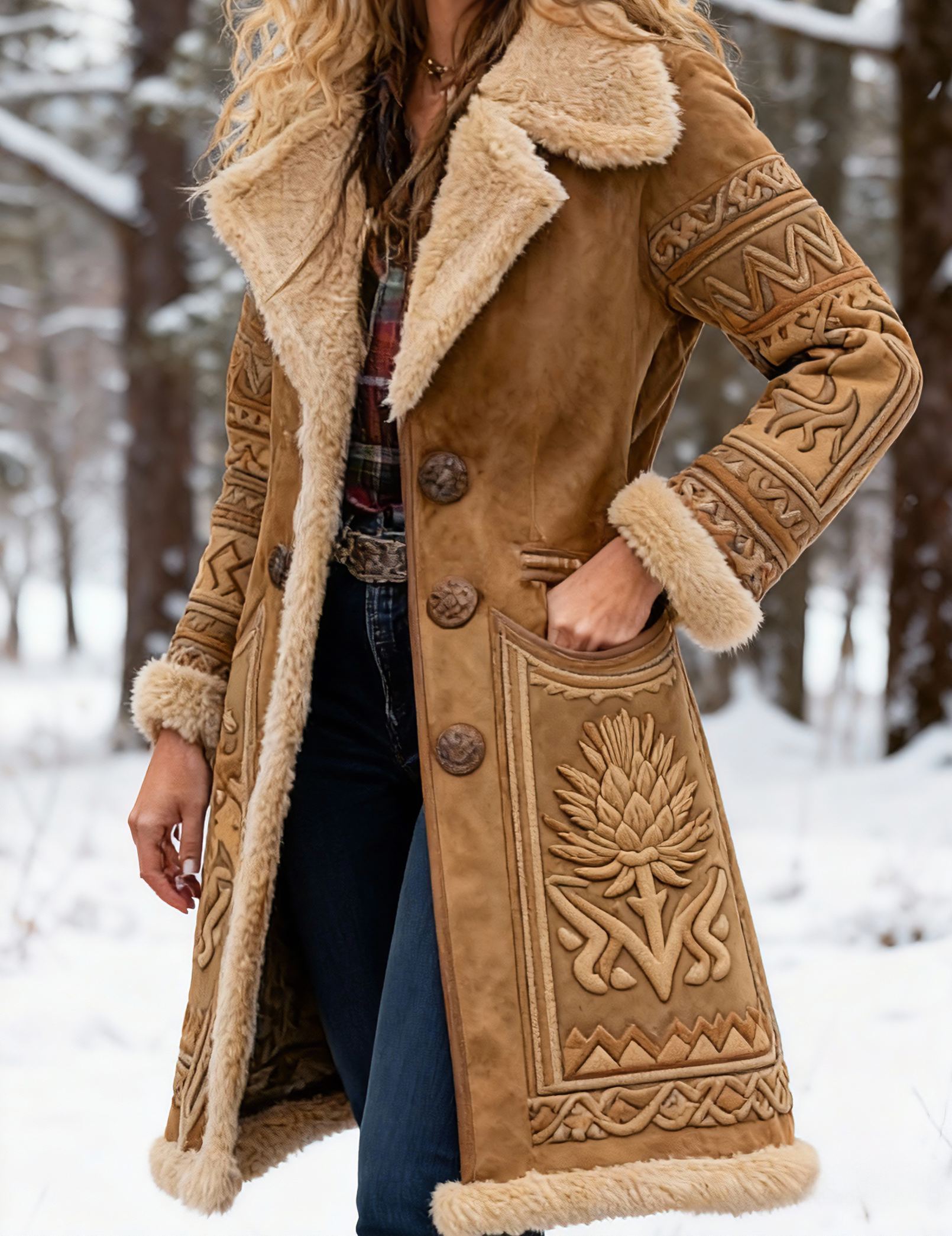 Women's Viking Thistle Flower Embossed Suede Long Coat with Faux Fur Collar & Trim
