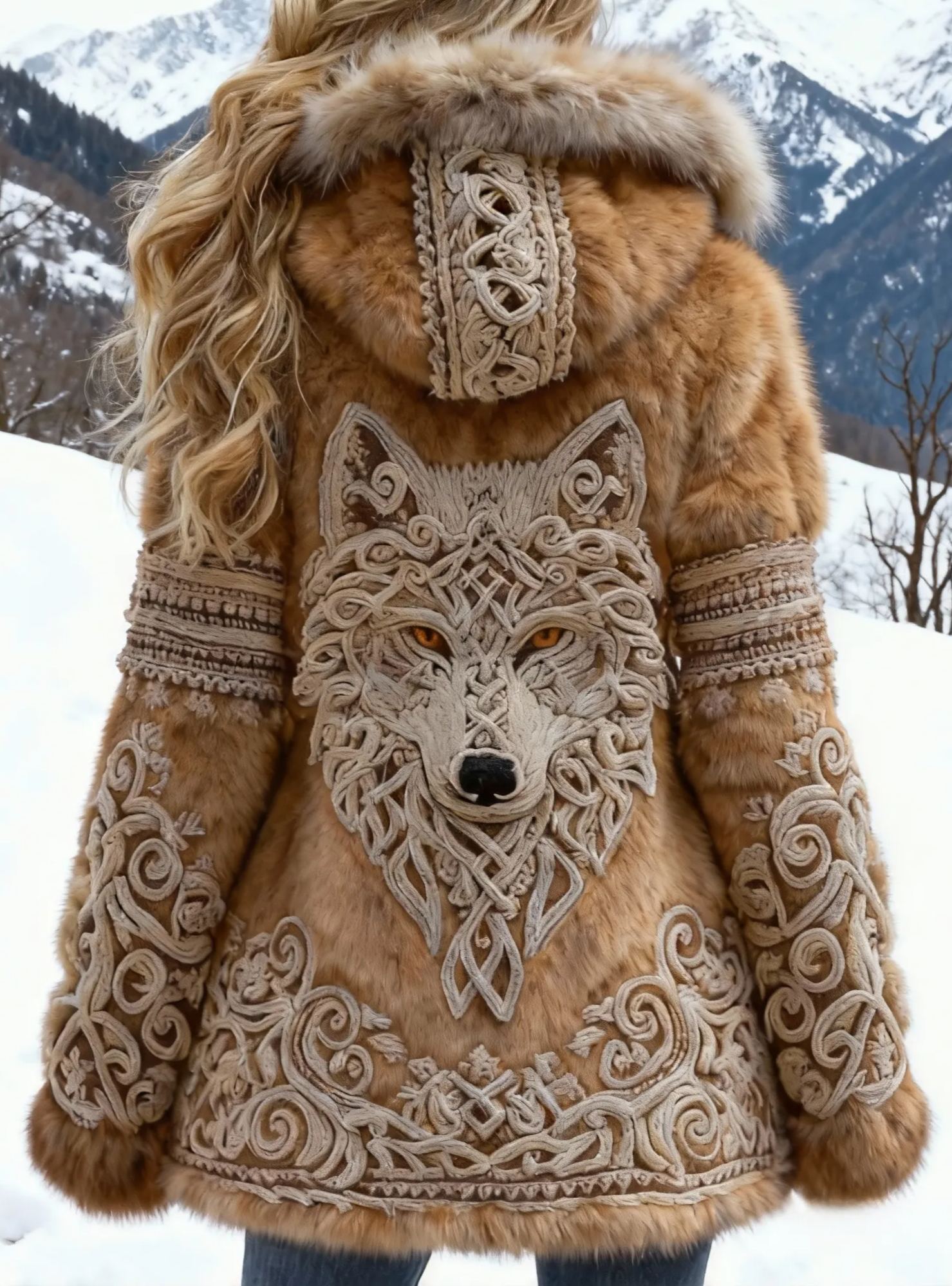 Women's Viking Celtic Knot Wolf Embroidered Faux Fur Hooded Jacket