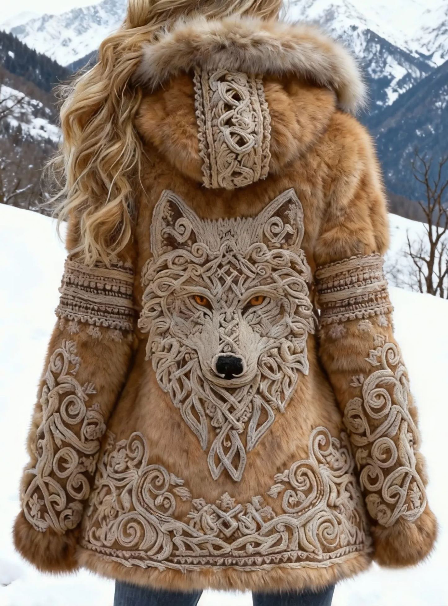 Women's Viking Celtic Knot Wolf Embroidered Faux Fur Hooded Jacket