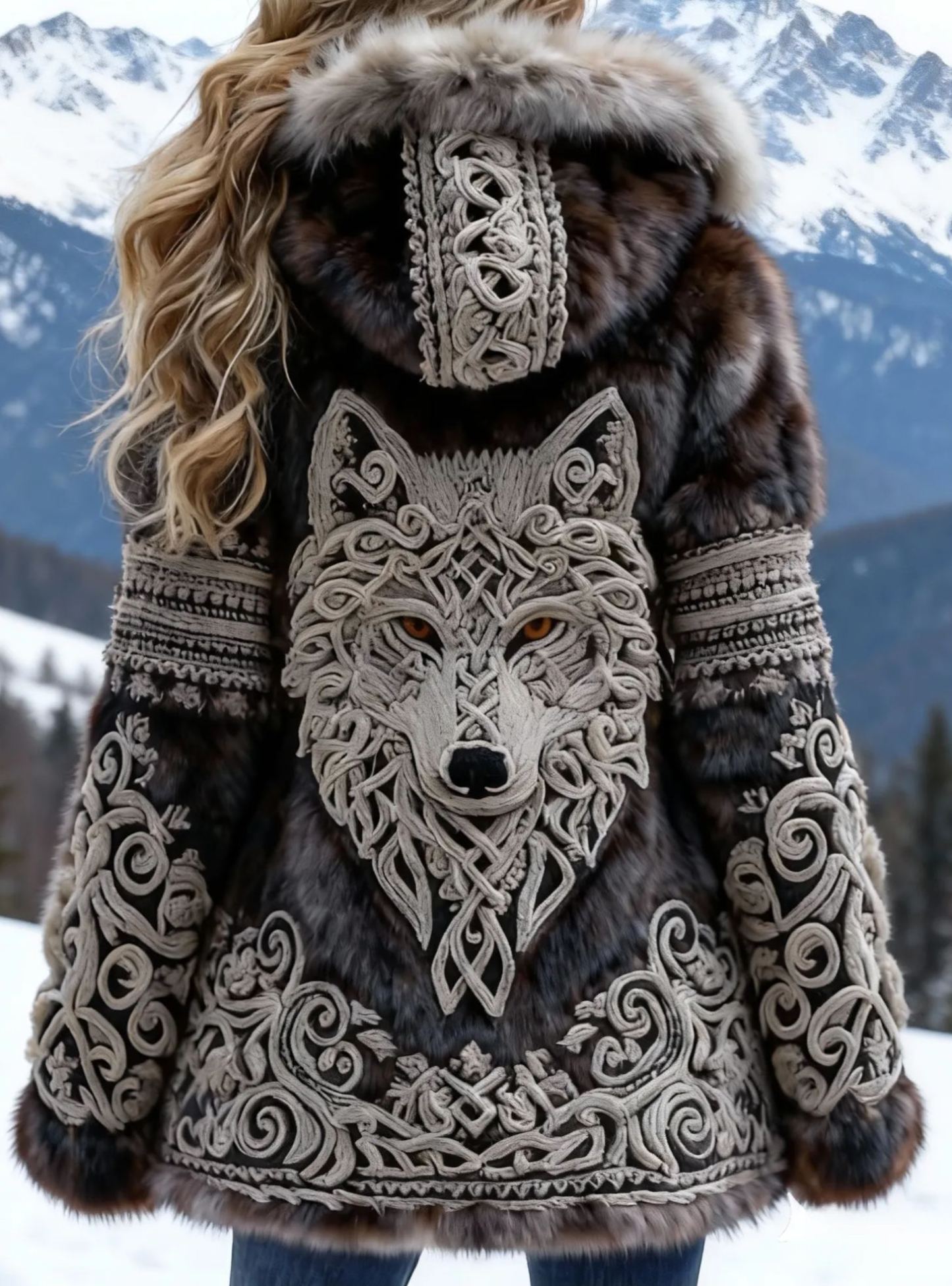 Women's Viking Celtic Knot Wolf Embroidered Faux Fur Hooded Jacket