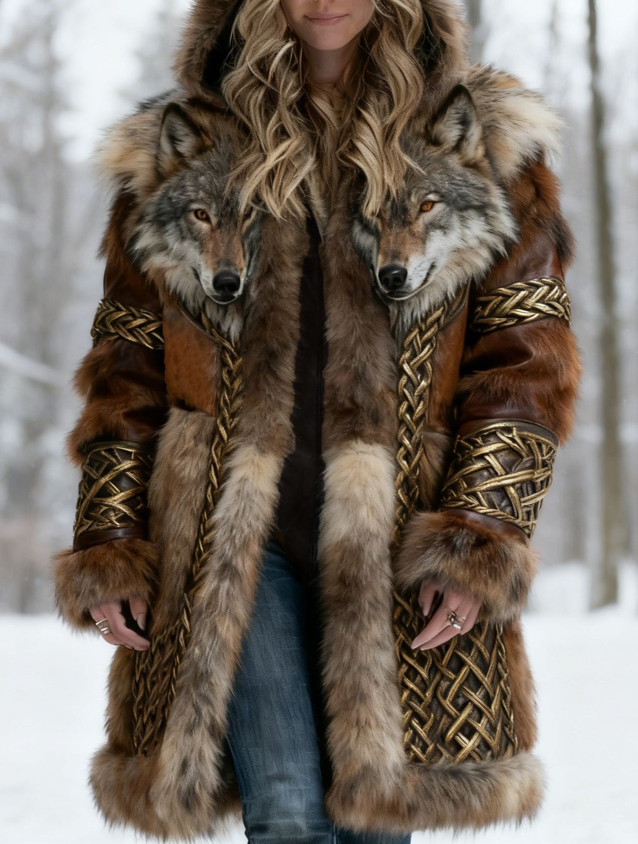 Women's Viking 3D Wolf Faux Fur & Leather Hooded Coat with Gold Braided Trim