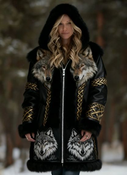 Women's Viking 3D Wolf Adorned Leather Faux Fur Hooded Coat with Gold Braided Detailing