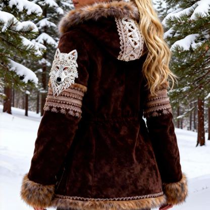 Women's Viking Wolf Embroidered Suede Hooded Coat with Fur Trim & Drawstring Waist