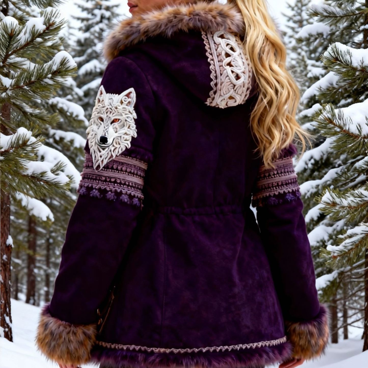 Women's Viking Wolf Embroidered Suede Hooded Coat with Fur Trim & Drawstring Waist