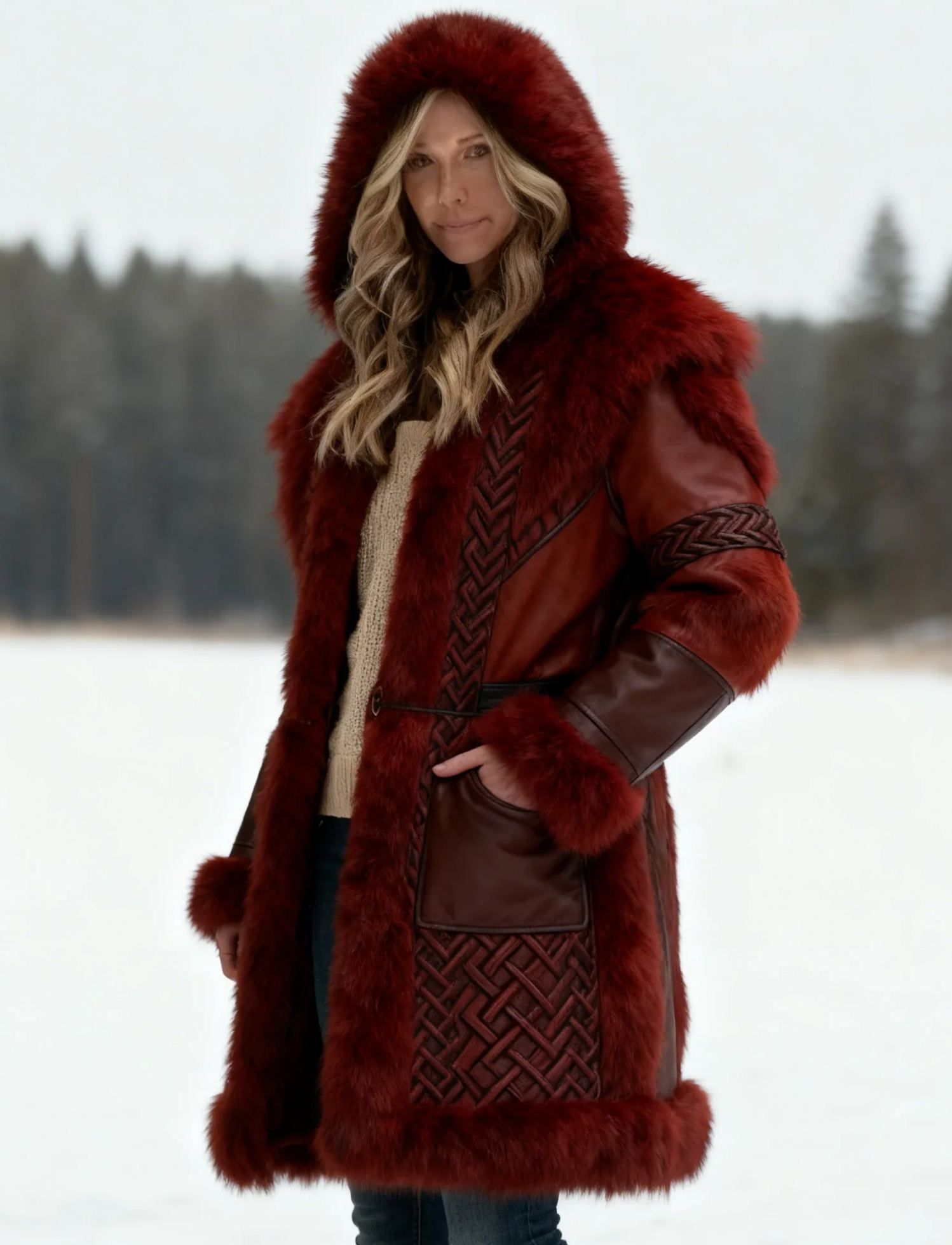 Women's Viking Burgundy Faux Fur Leather Patchwork Hooded Long Coat with Braided Accents