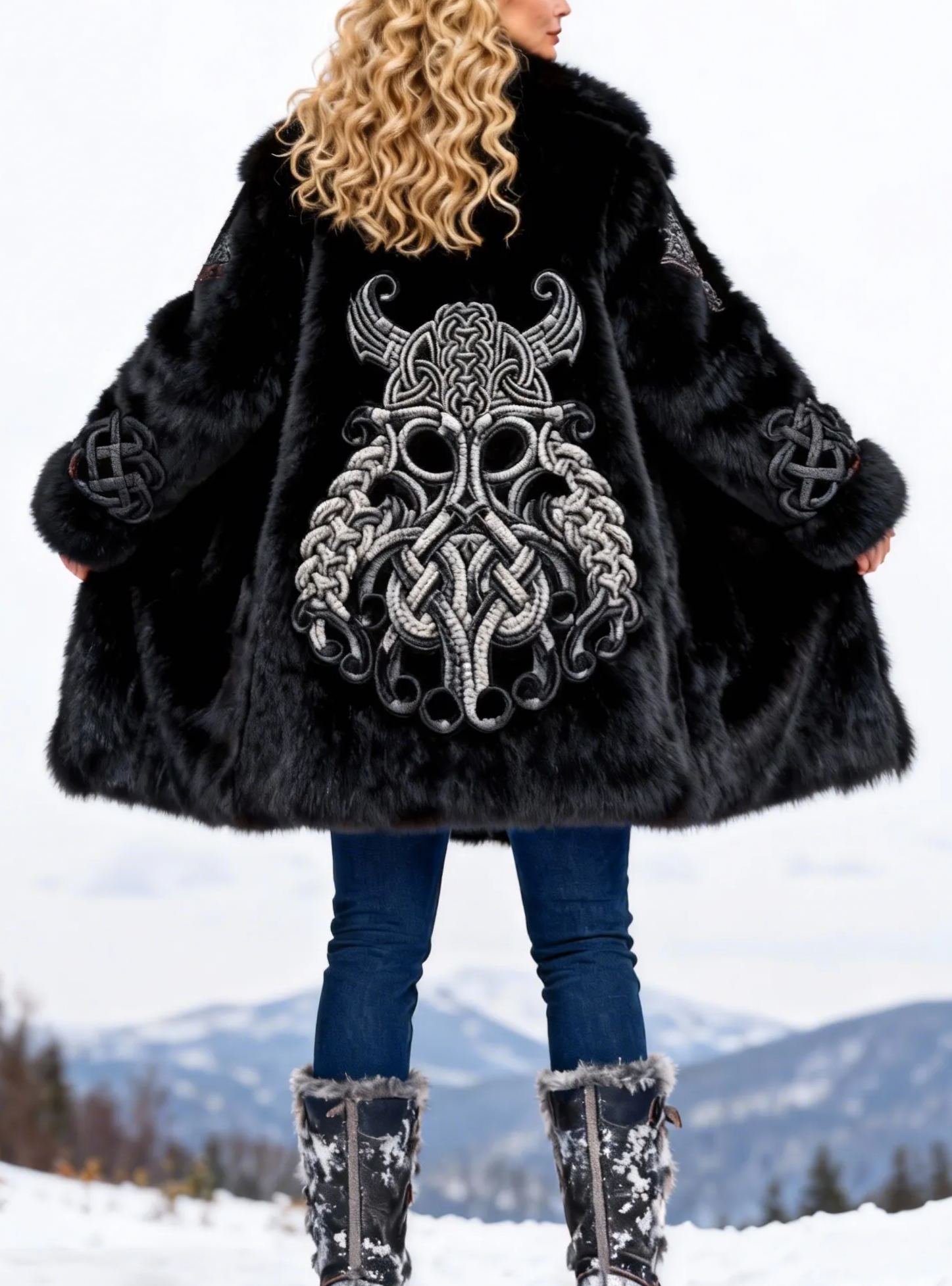 Women's Viking Horned Knot Embroidered Black Faux Fur Oversized Jacket Long Coat