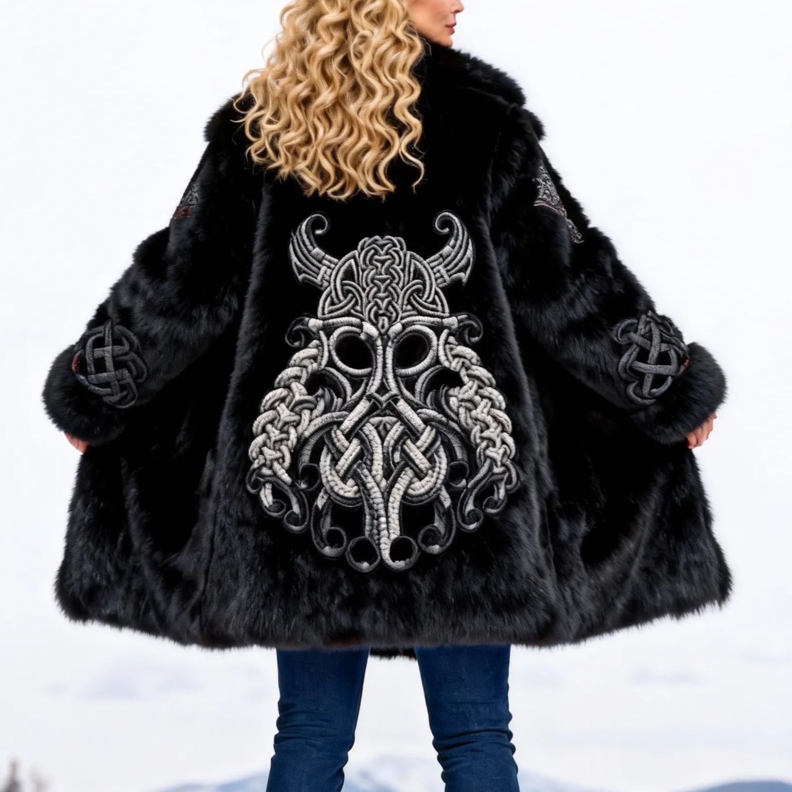 Women's Viking Horned Knot Embroidered Black Faux Fur Oversized Jacket Long Coat