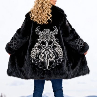 Women's Viking Horned Knot Embroidered Black Faux Fur Oversized Jacket Long Coat